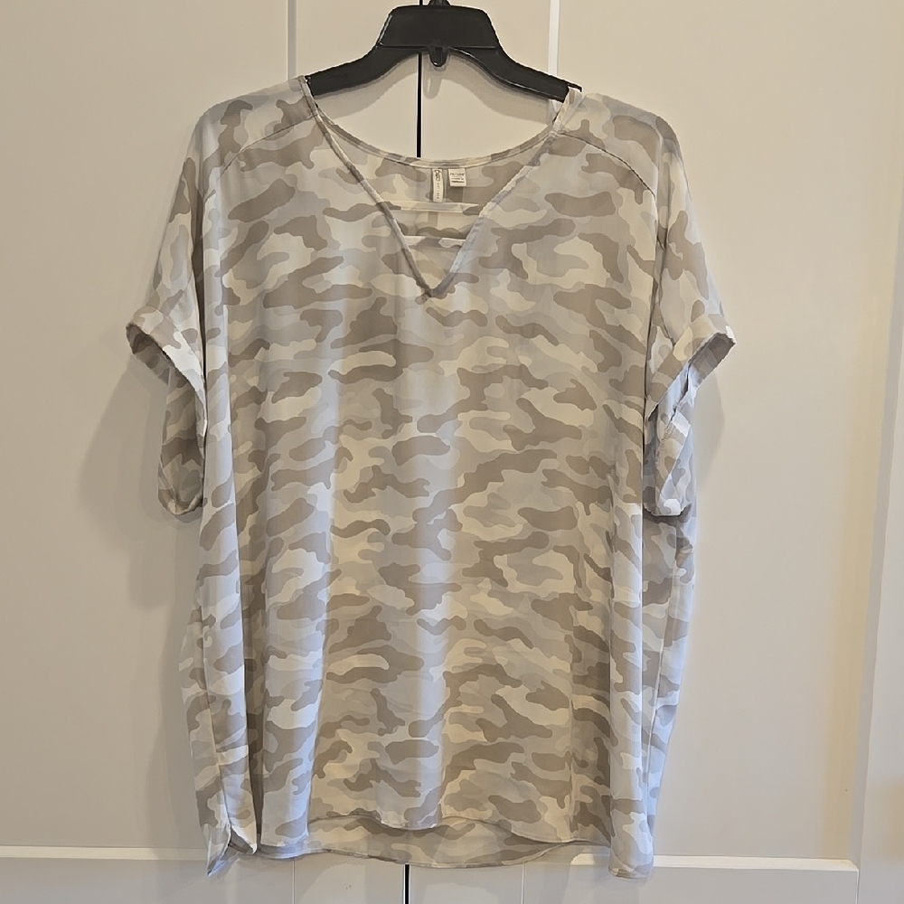 Cato Tan and Gray V- Neck Shirt with Cuffed Sleeves